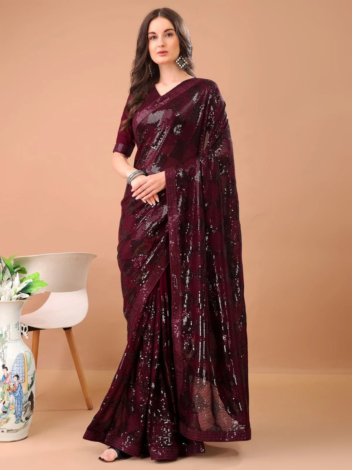 Odette Wine Georgette Embroidered Elegant Saree For Women