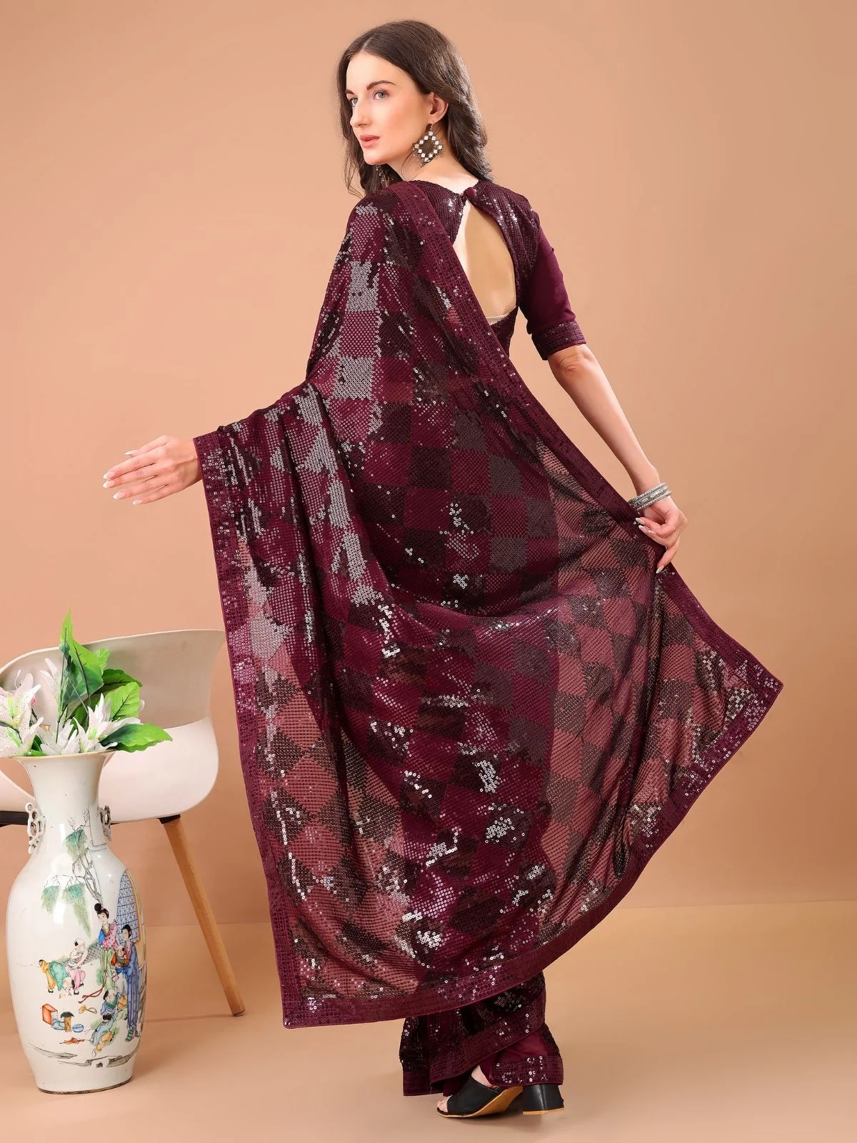 Odette Wine Georgette Embroidered Elegant Saree For Women - Image 2