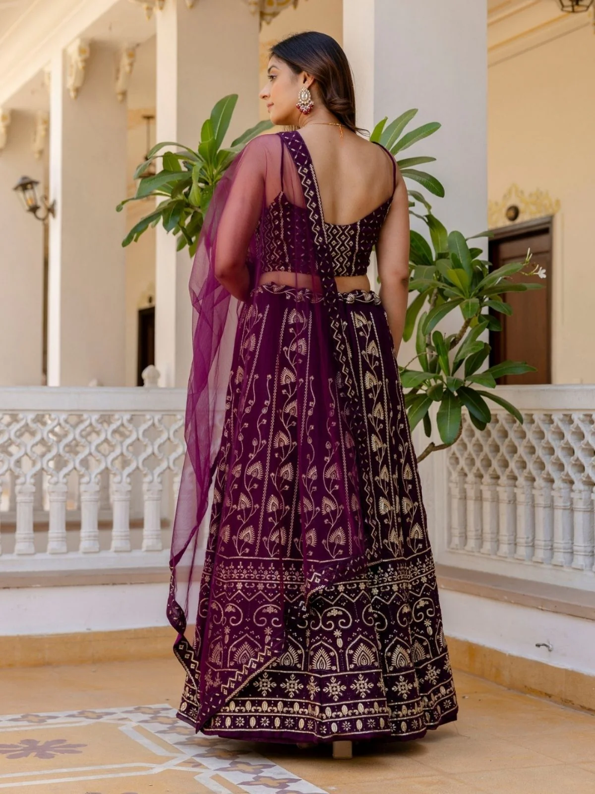 Odette Wine Georgette Embroidered Lehenga For Women - Image 3