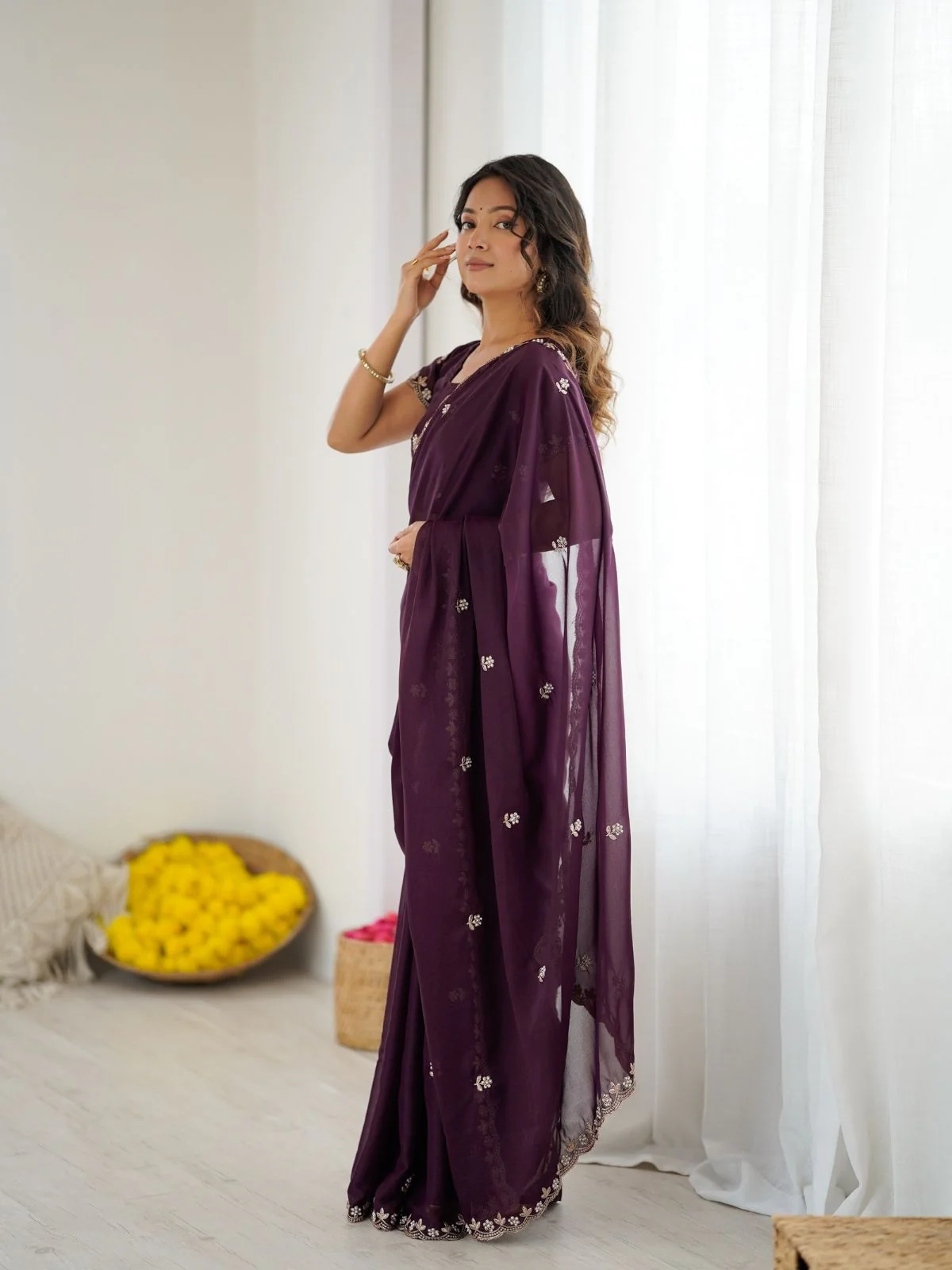 Odette Wine Georgette Embroidered Saree For Women - Image 2