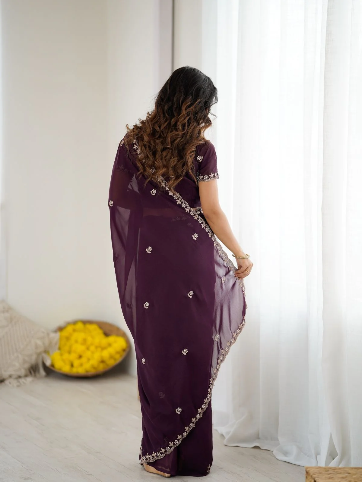 Odette Wine Georgette Embroidered Saree For Women - Image 3