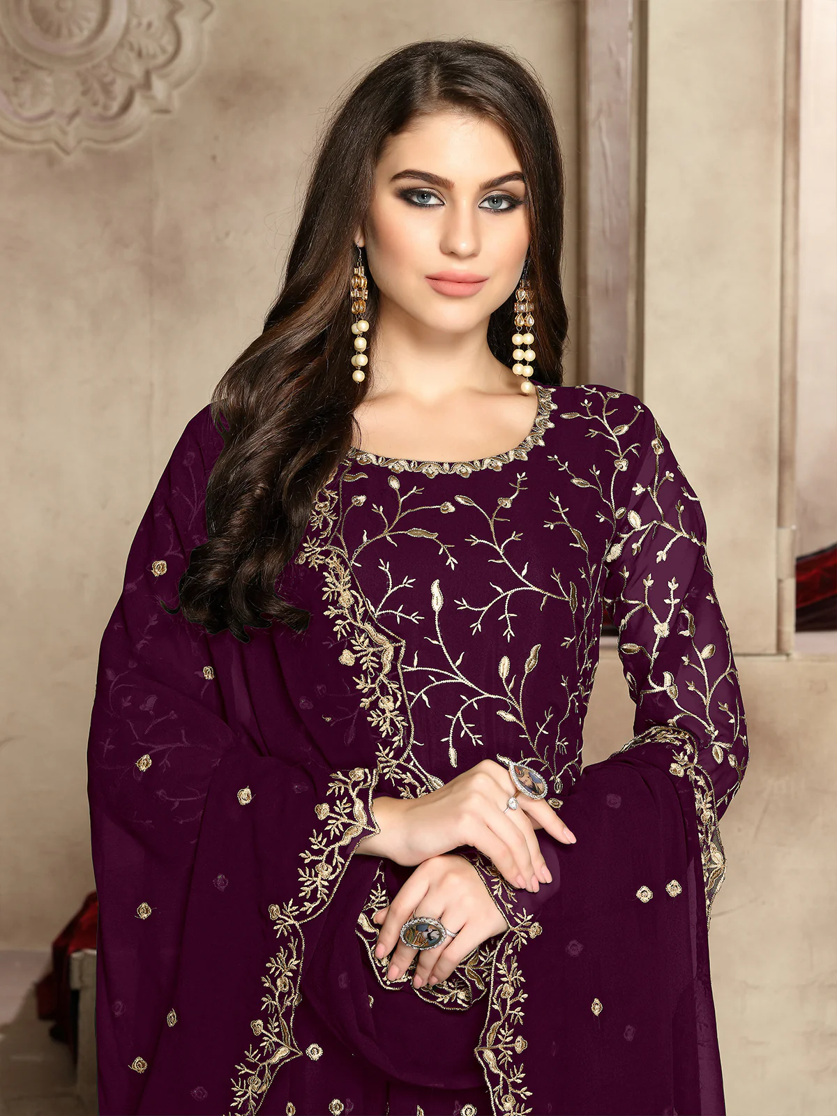 Odette Wine Georgette Embroidered Semi stitched Kurta Set For Women - Image 2