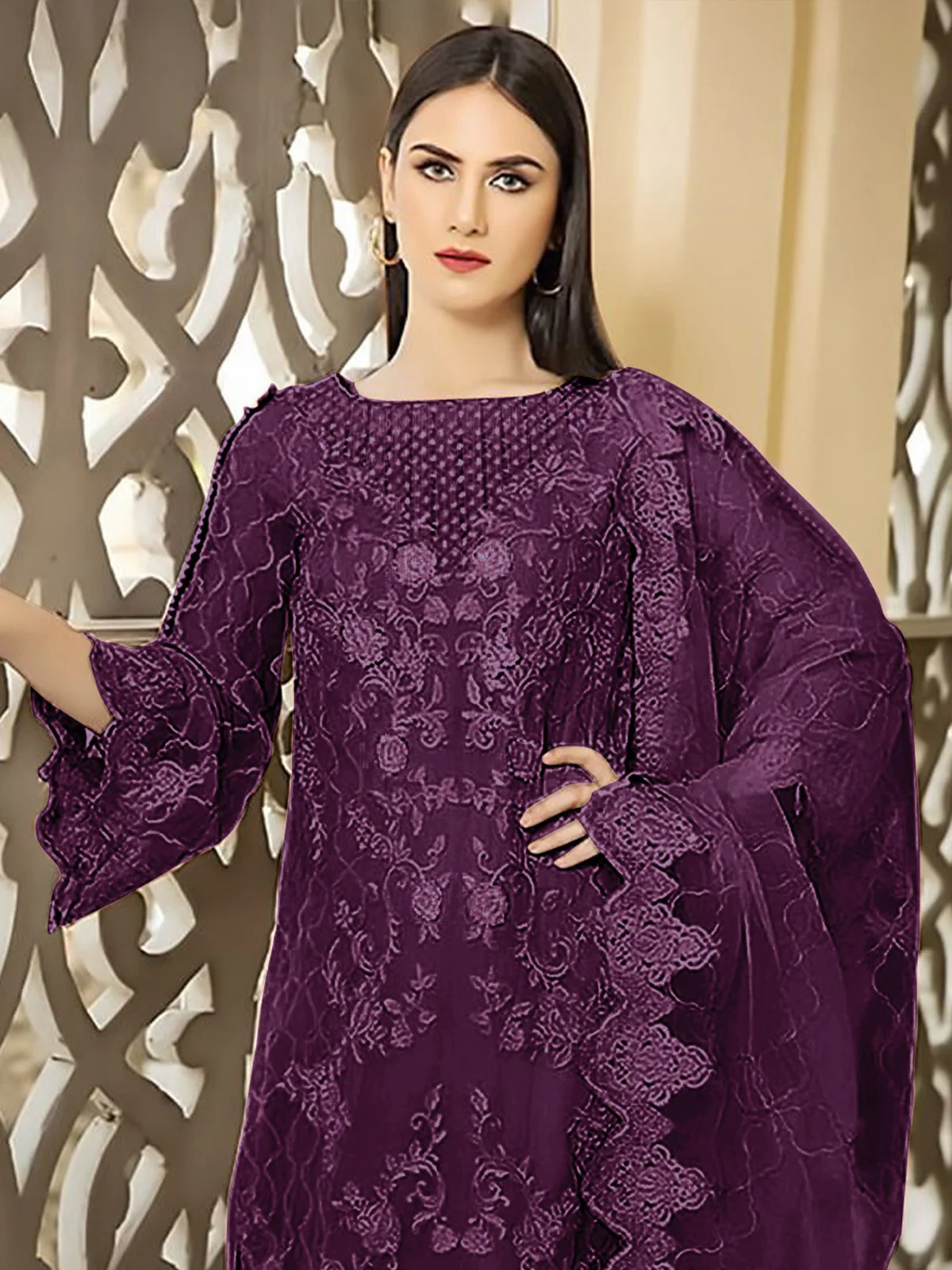 Odette Dark Purple Georgette Embroidered Semi stitched Kurta Set For Women - Image 2
