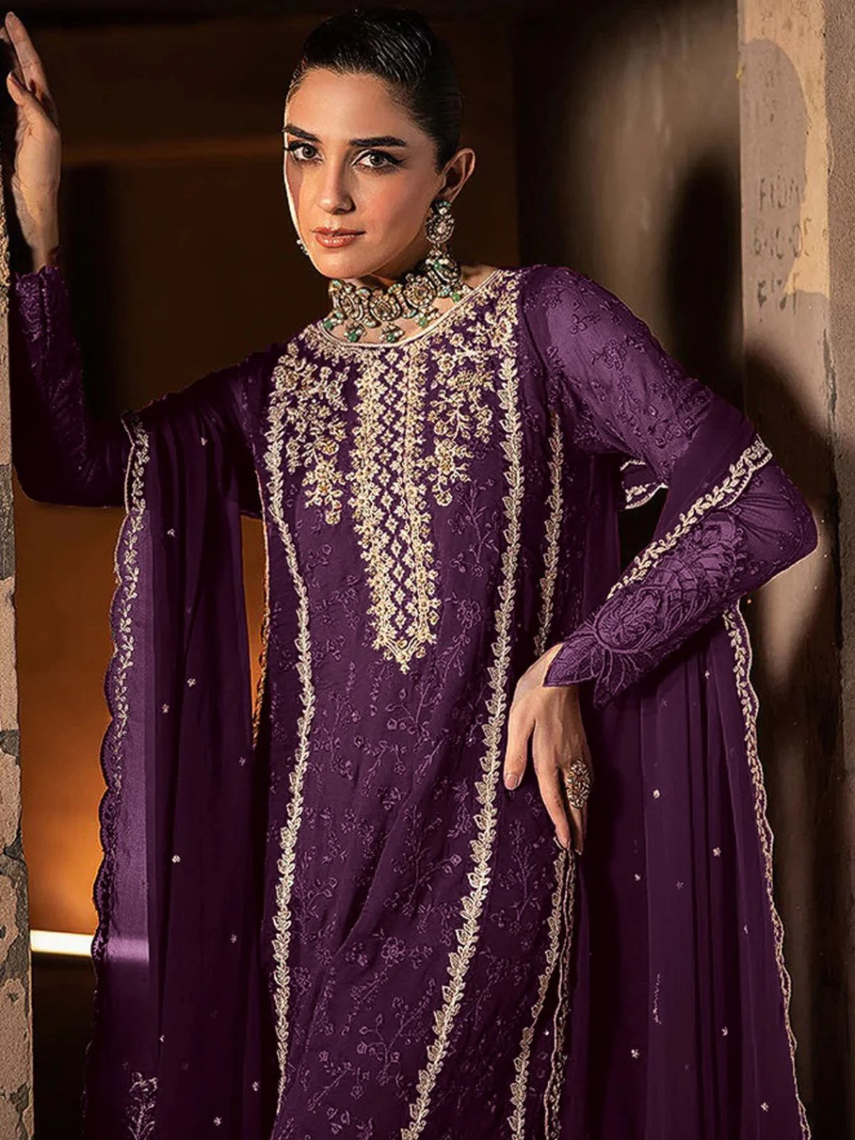 Odette Wine Georgette Embroidered Semi-Stitched Kurta Set For Women - Image 2