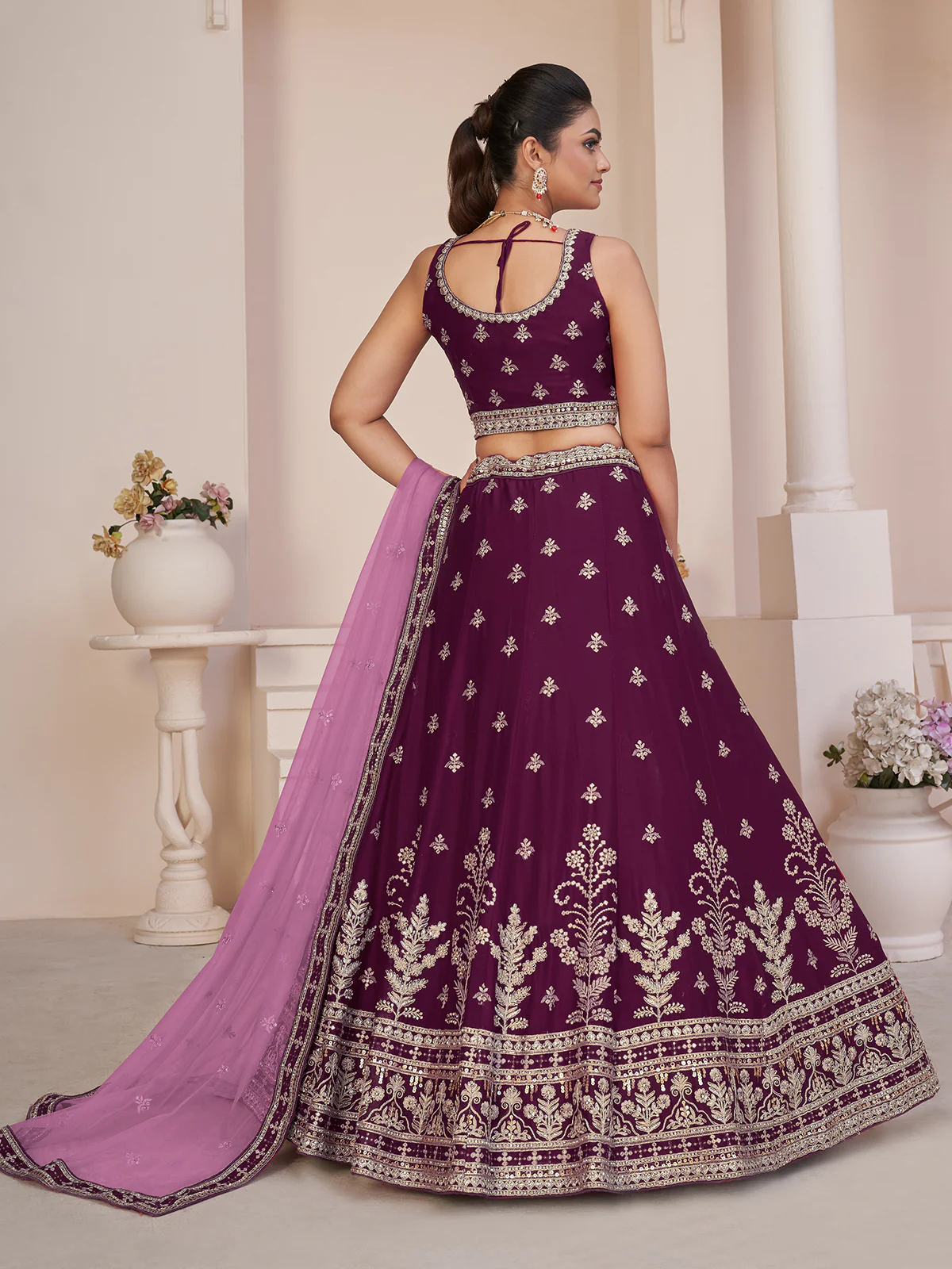 Odette Wine Georgette Embroidered Semi Stitched Lehenga With Unstitched Blouse for Women - Image 3