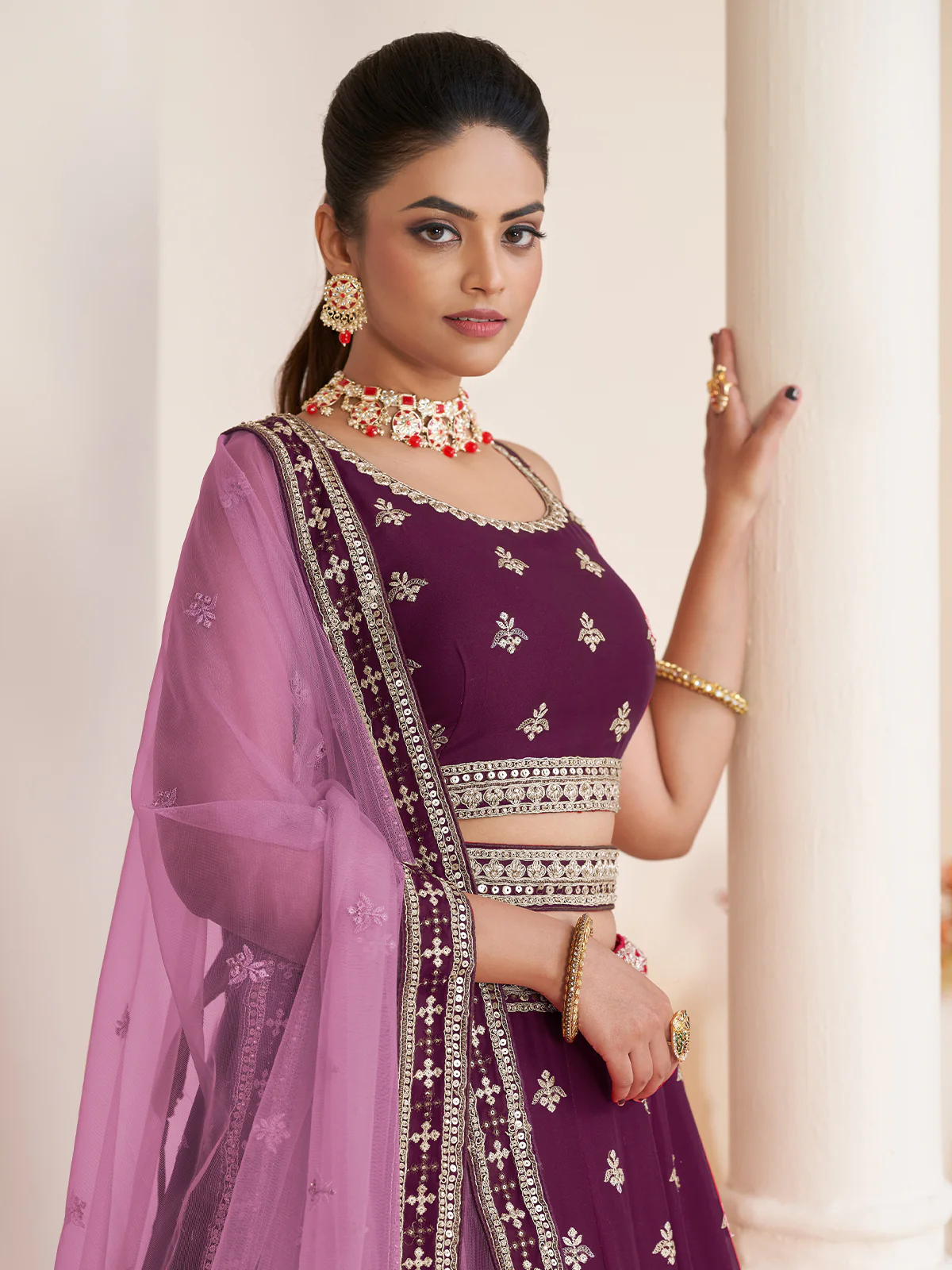 Odette Wine Georgette Embroidered Semi Stitched Lehenga With Unstitched Blouse for Women - Image 4