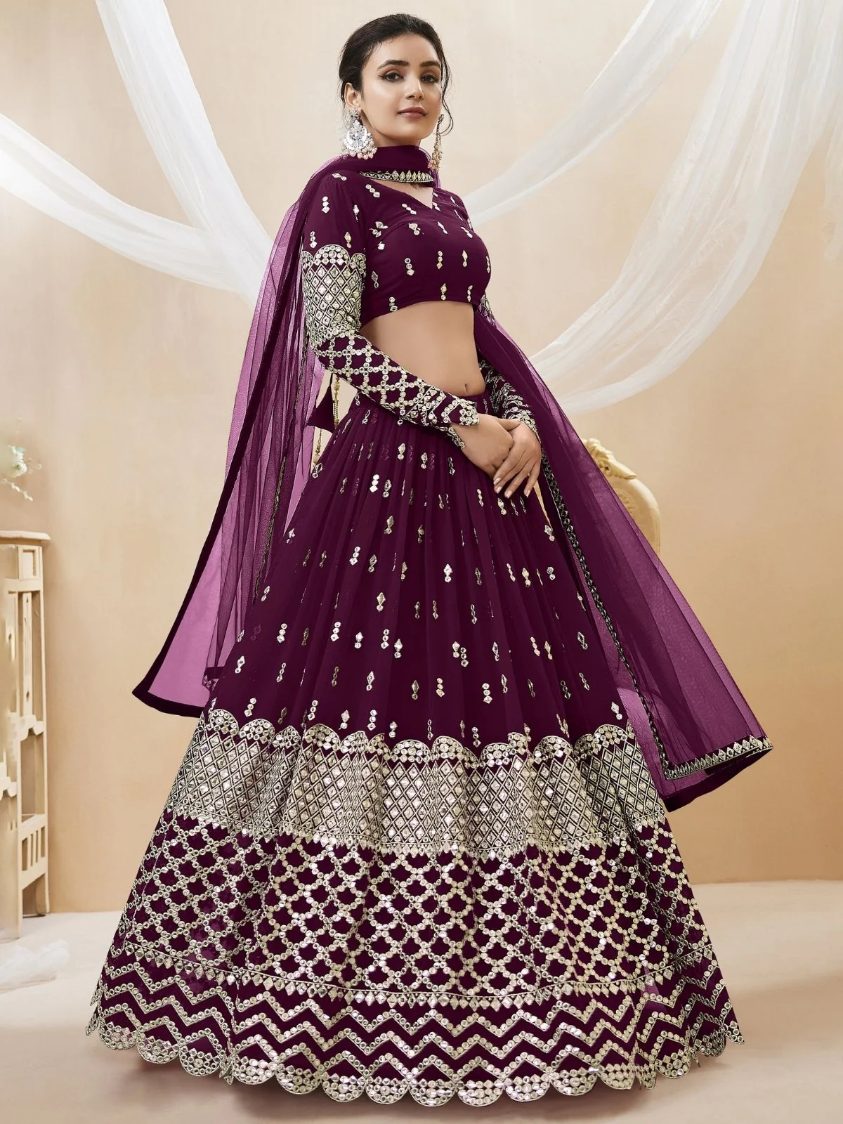 Odette Wine Georgette Embroidered Semi Stitched Lehenga With Unstitched Blouse For Women - Image 2