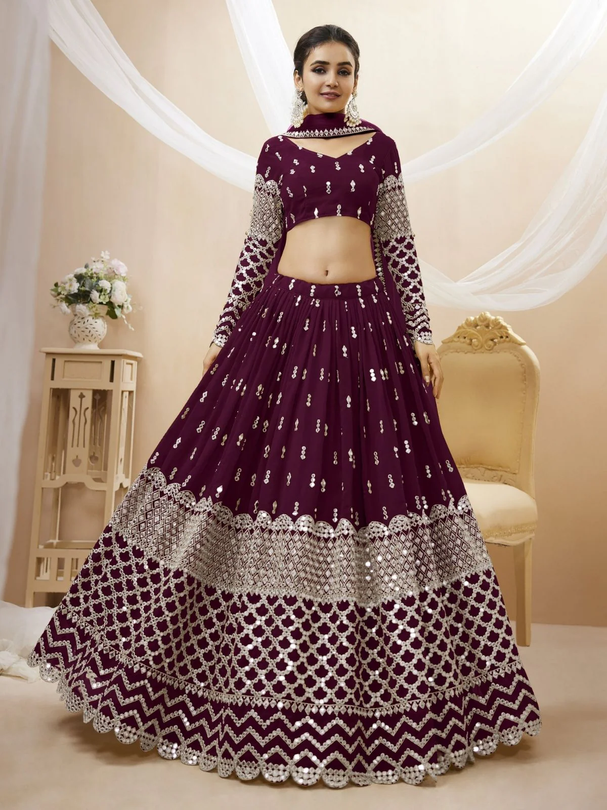 Odette Wine Georgette Embroidered Semi Stitched Lehenga With Unstitched Blouse For Women - Image 3