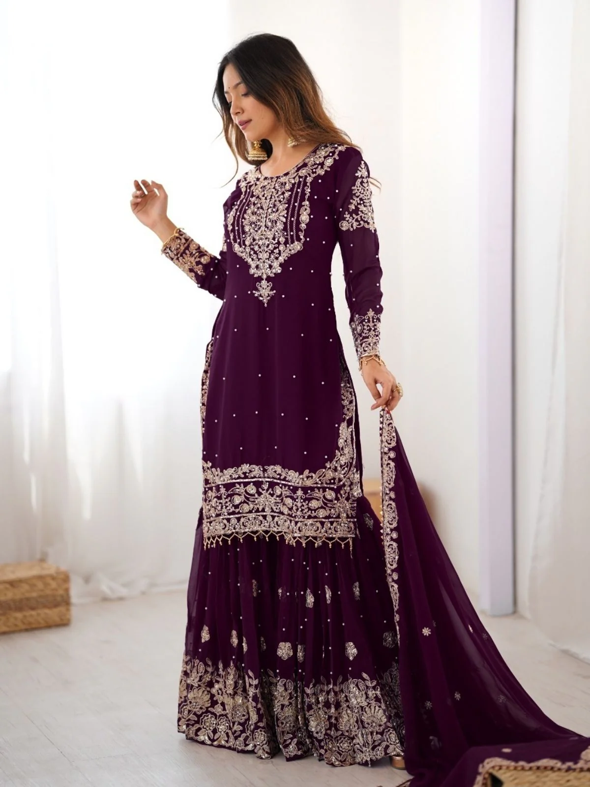 Odette Wine Georgette Embroidered Stitched Kurta Set For Women - Image 4
