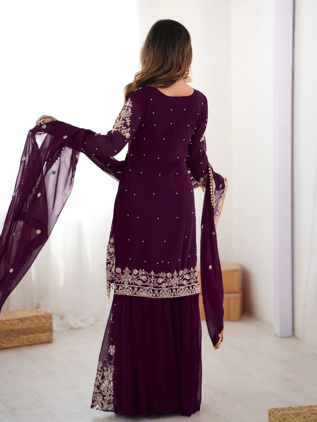 Odette Wine Georgette Embroidered Stitched Kurta Set For Women - Image 5