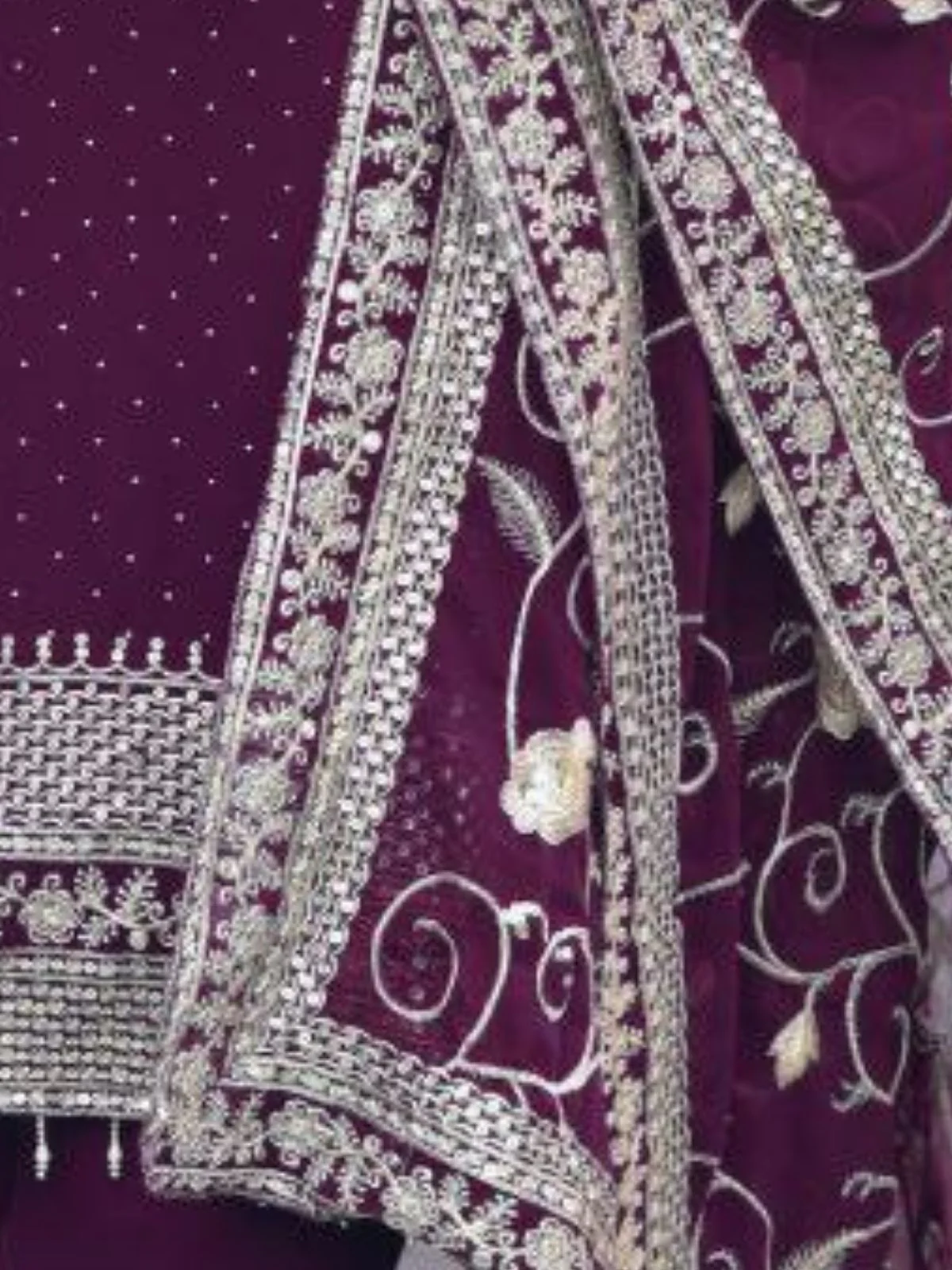 Odette Wine Georgette Embroidered Stitched Kurta Set For Women - Image 3