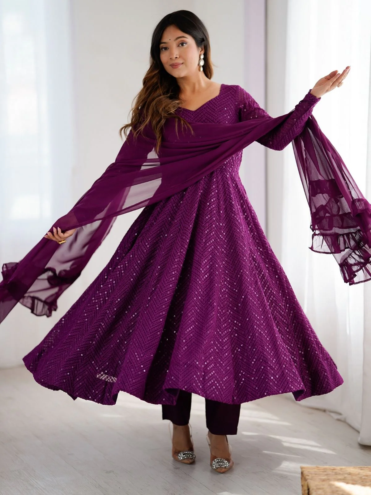Odette Wine Georgette Embroidered Stitched Kurta Set For Women - Image 2
