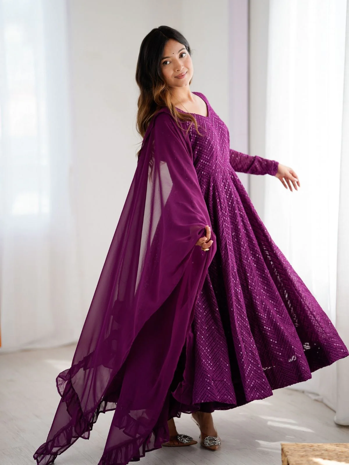 Odette Wine Georgette Embroidered Stitched Kurta Set For Women - Image 3