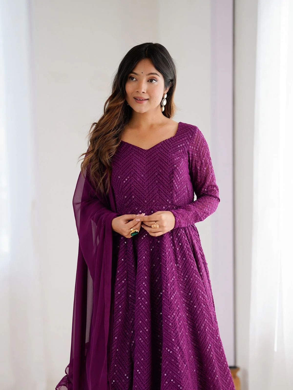 Odette Wine Georgette Embroidered Stitched Kurta Set For Women - Image 5