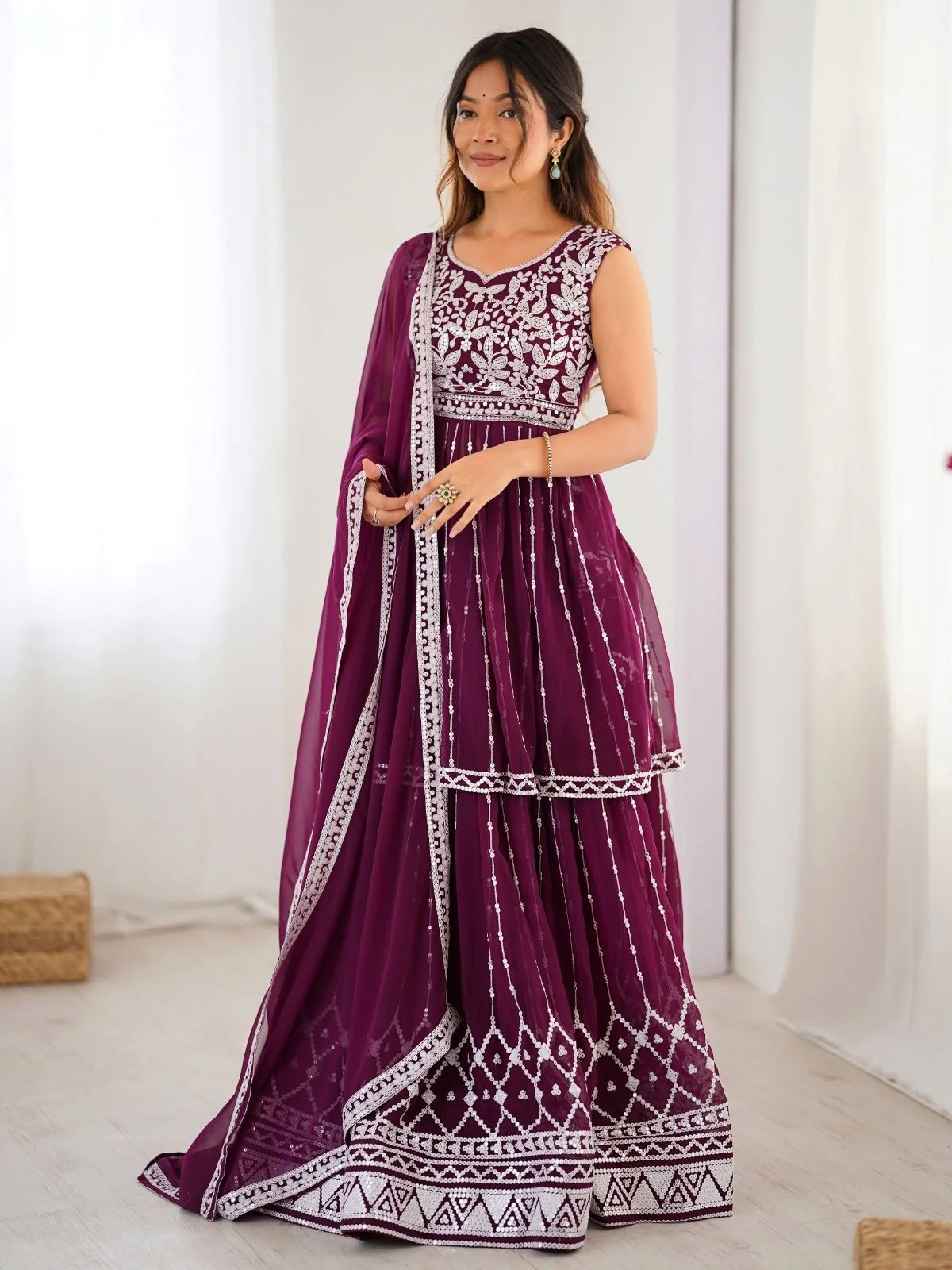 Odette Wine Georgette Embroidered Stitched Kurta Set For Women - Image 2