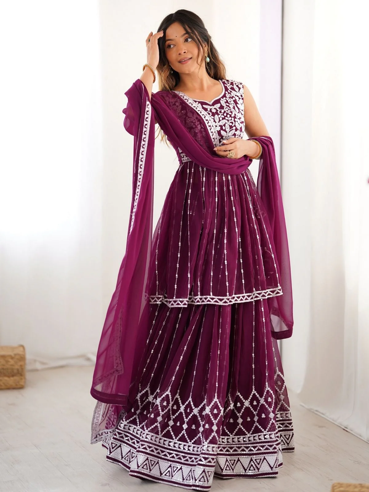 Odette Wine Georgette Embroidered Stitched Kurta Set For Women - Image 3