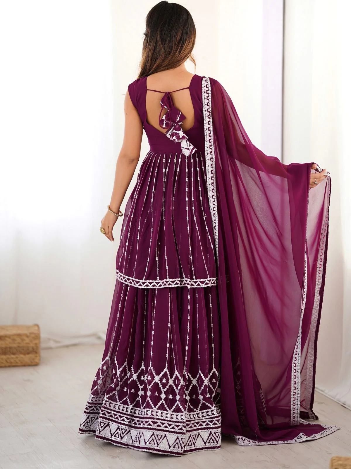 Odette Wine Georgette Embroidered Stitched Kurta Set For Women - Image 4