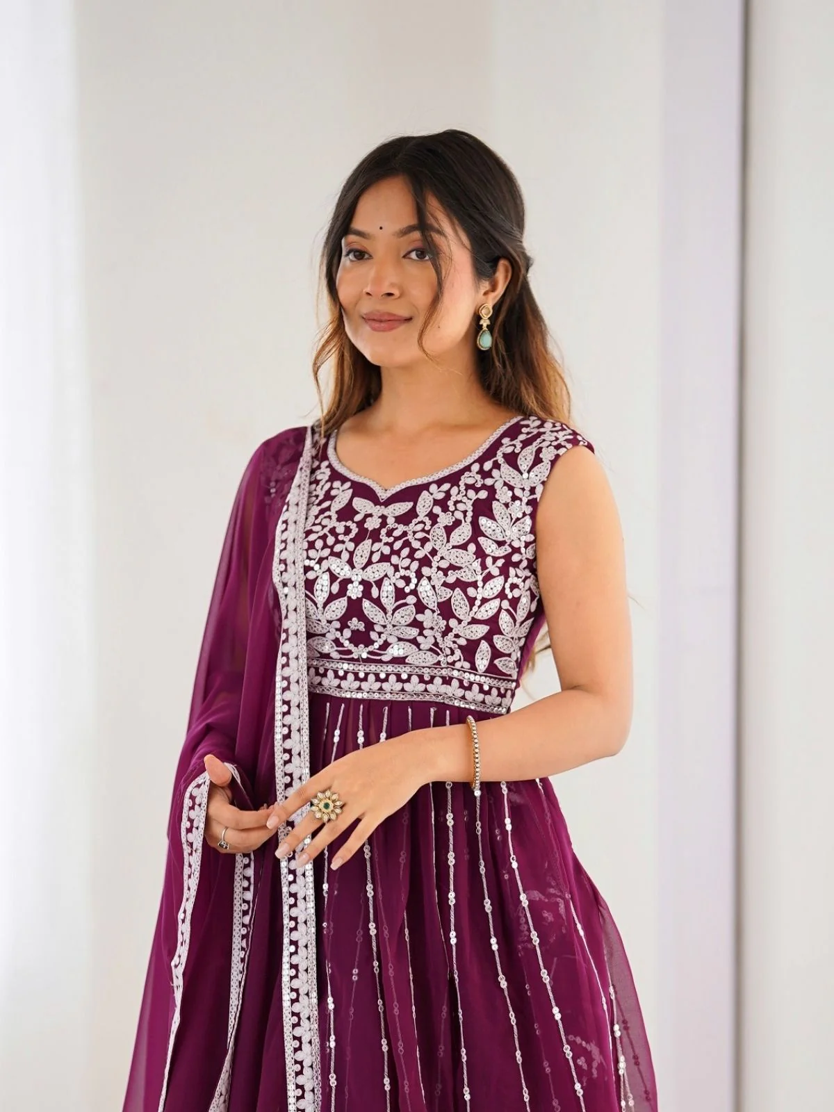Odette Wine Georgette Embroidered Stitched Kurta Set For Women - Image 5