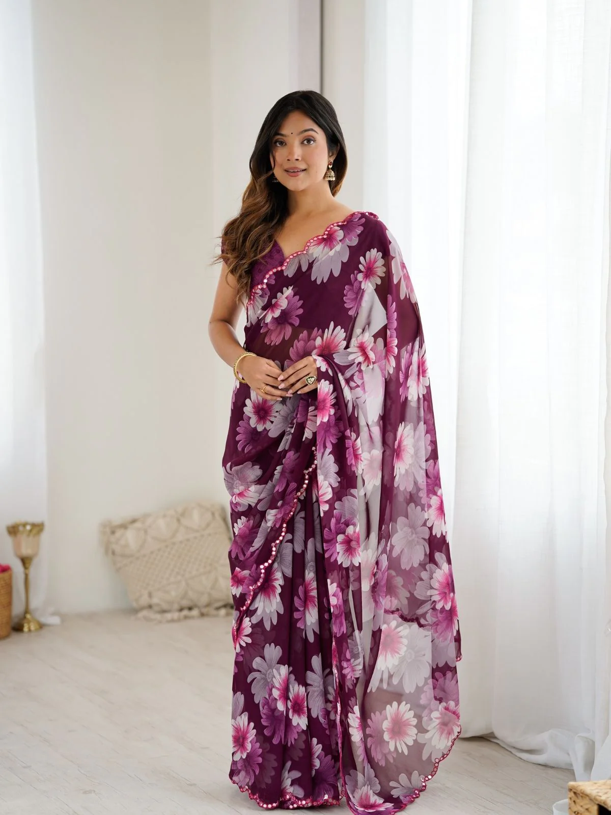 Odette Wine Georgette Floral Print Saree For Women