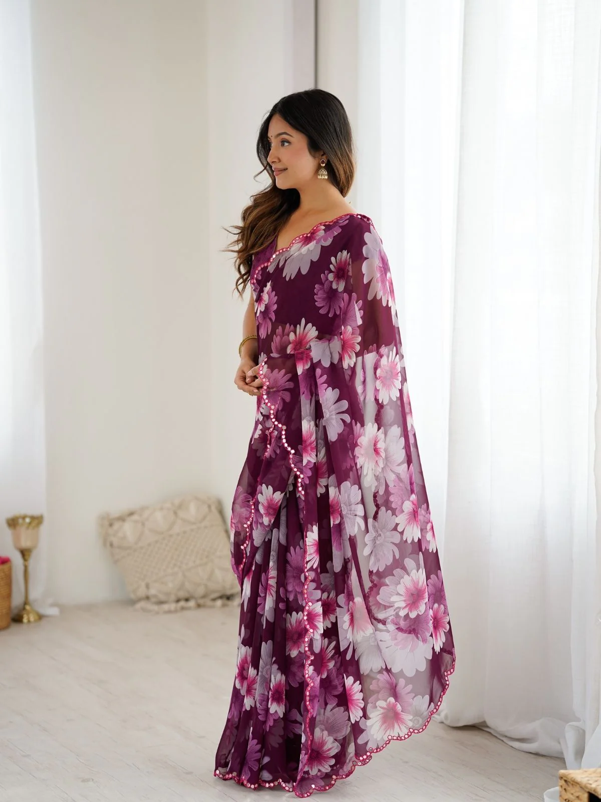 Odette Wine Georgette Floral Print Saree For Women - Image 2