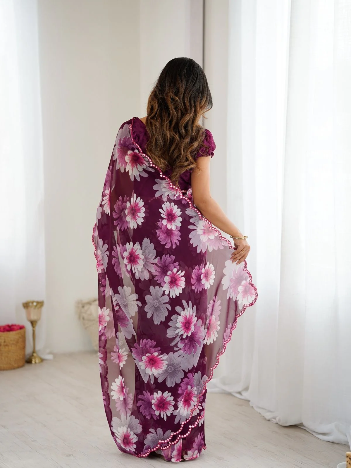 Odette Wine Georgette Floral Print Saree For Women - Image 3