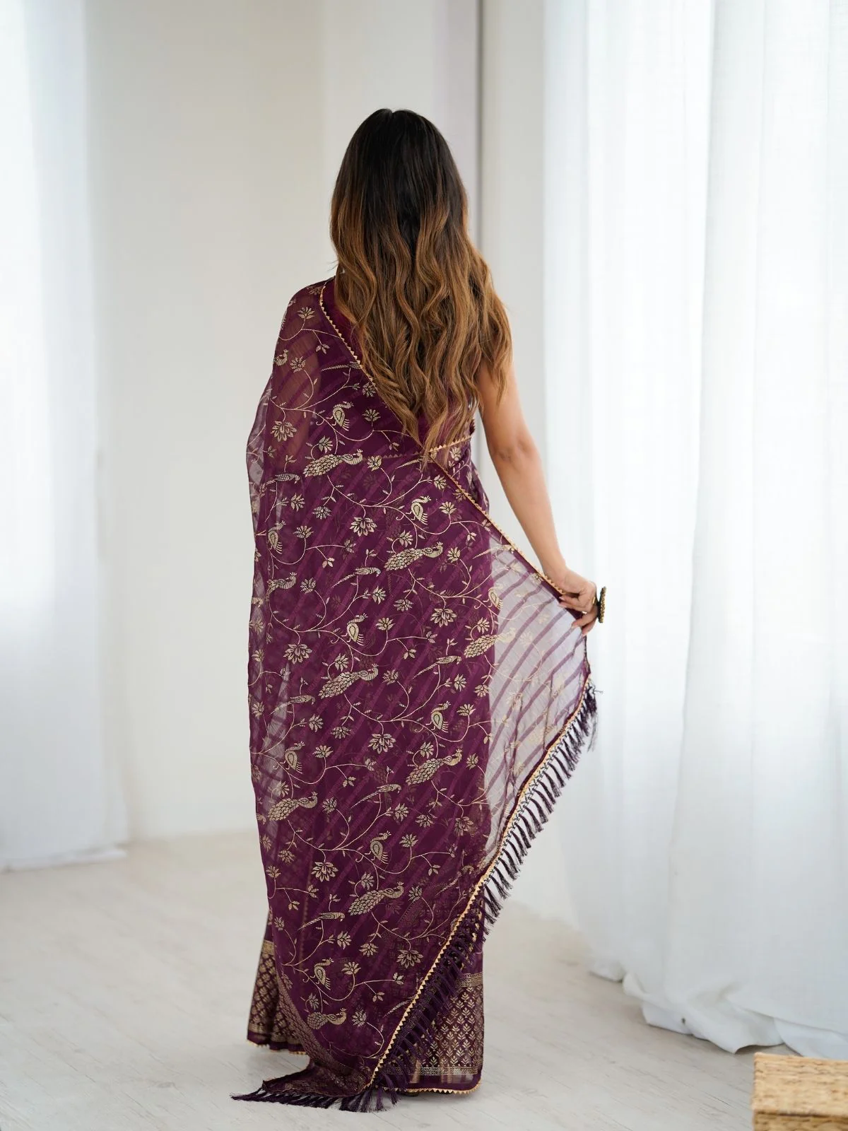 Odette Wine Georgette Peacock Motifs Saree For Women - Image 3