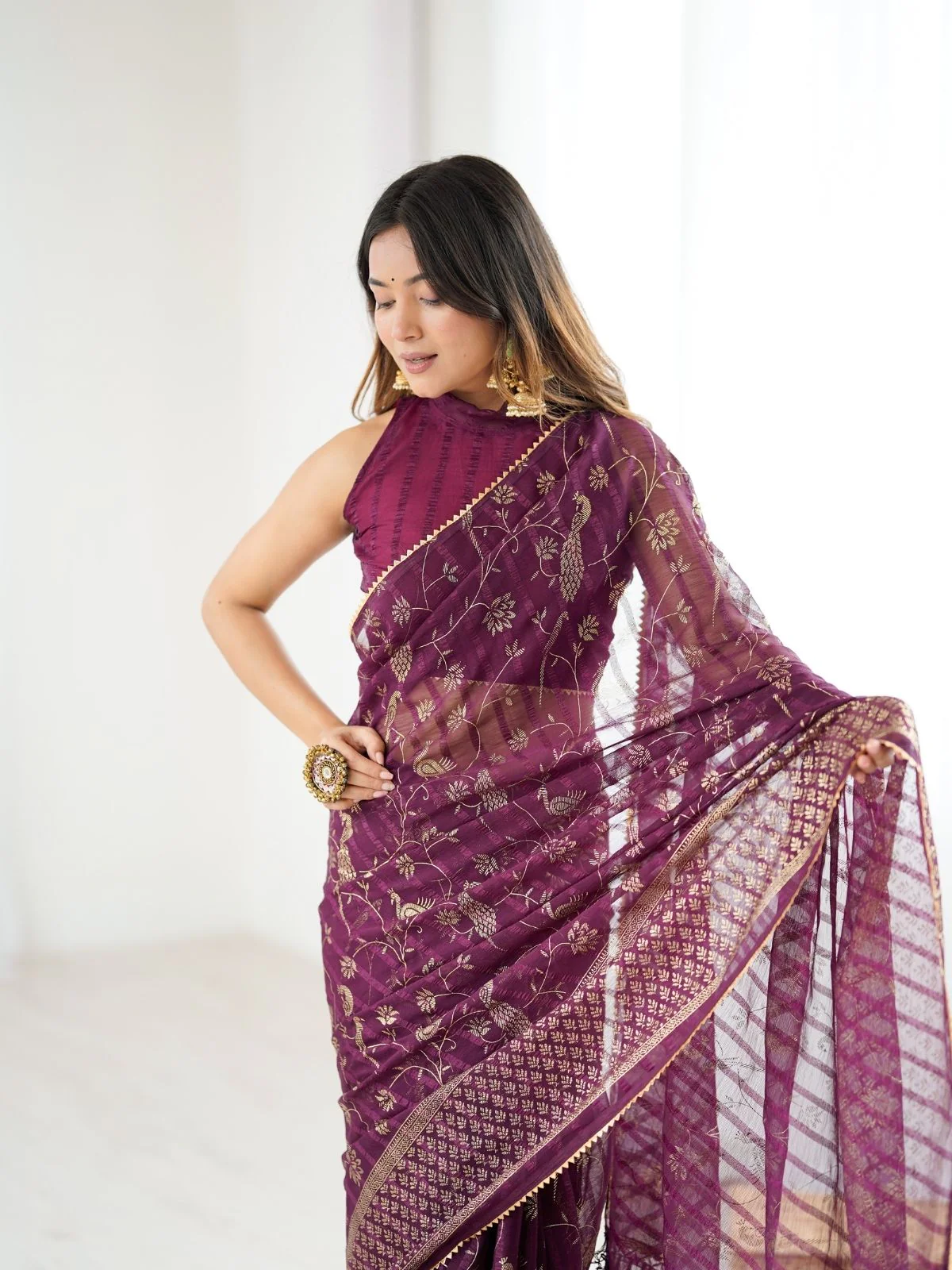 Odette Wine Georgette Peacock Motifs Saree For Women - Image 4