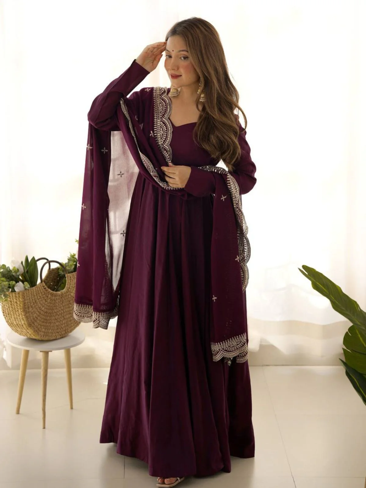 Odette Wine Georgette Plain Kurta Set For Women