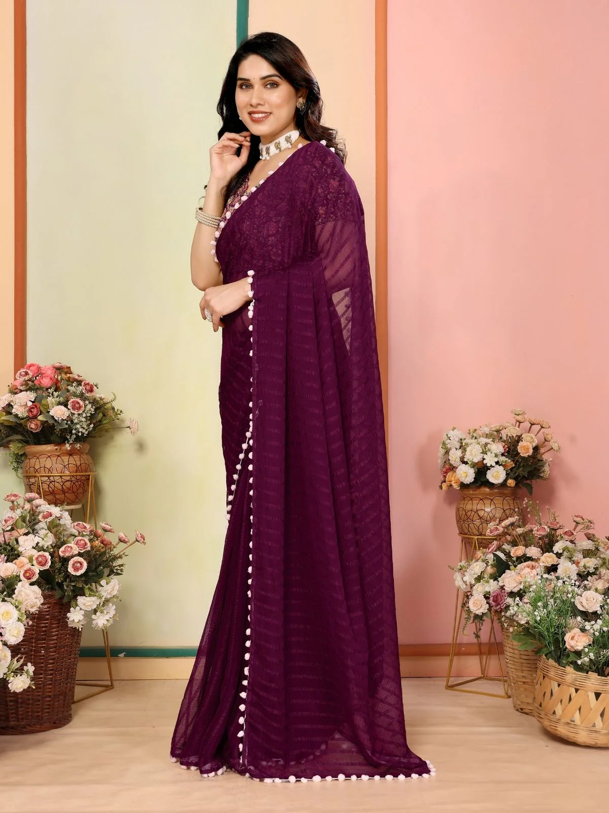 Odette Wine Georgette Plain Saree For Women - Image 2