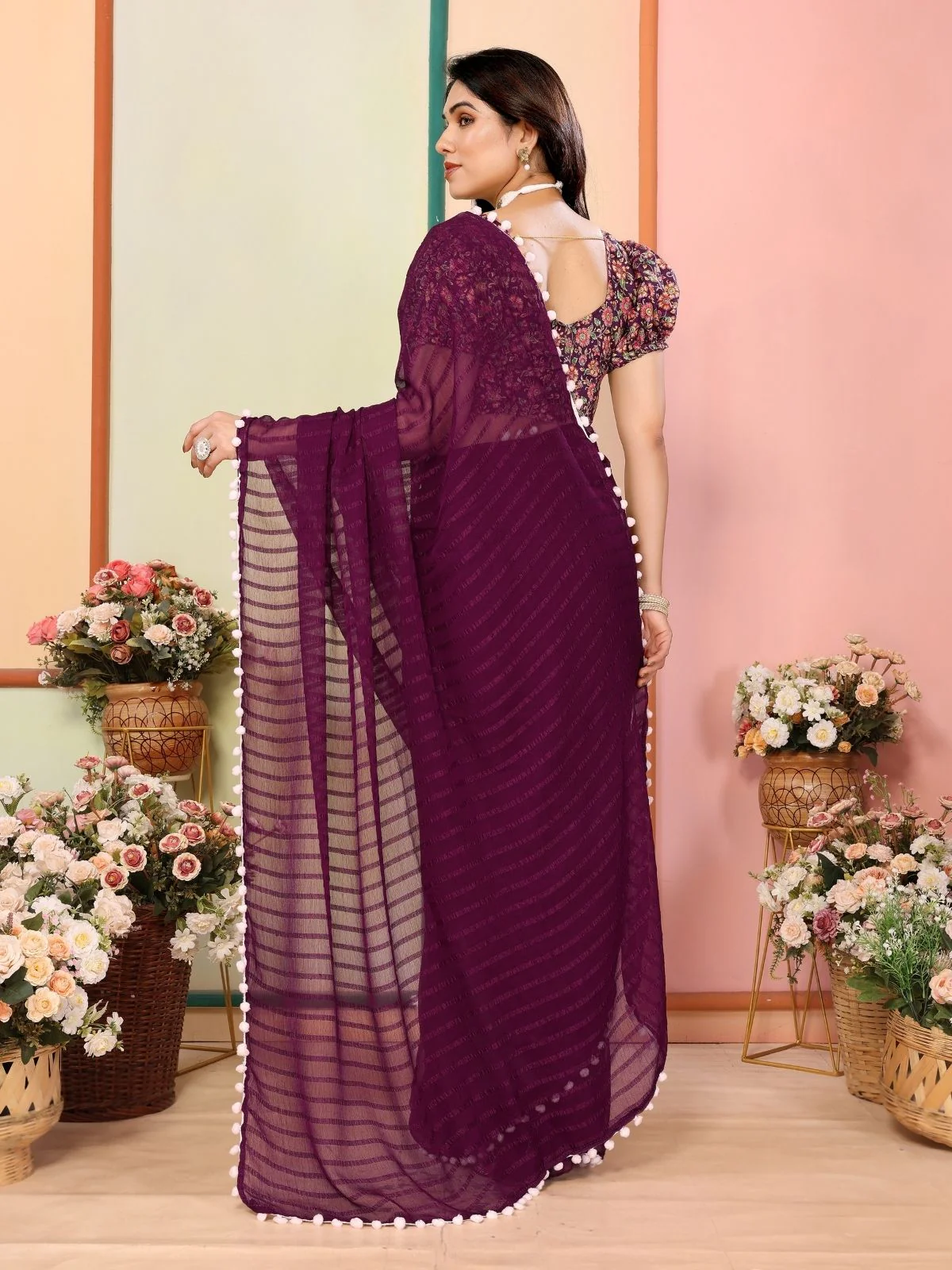 Odette Wine Georgette Plain Saree For Women - Image 3