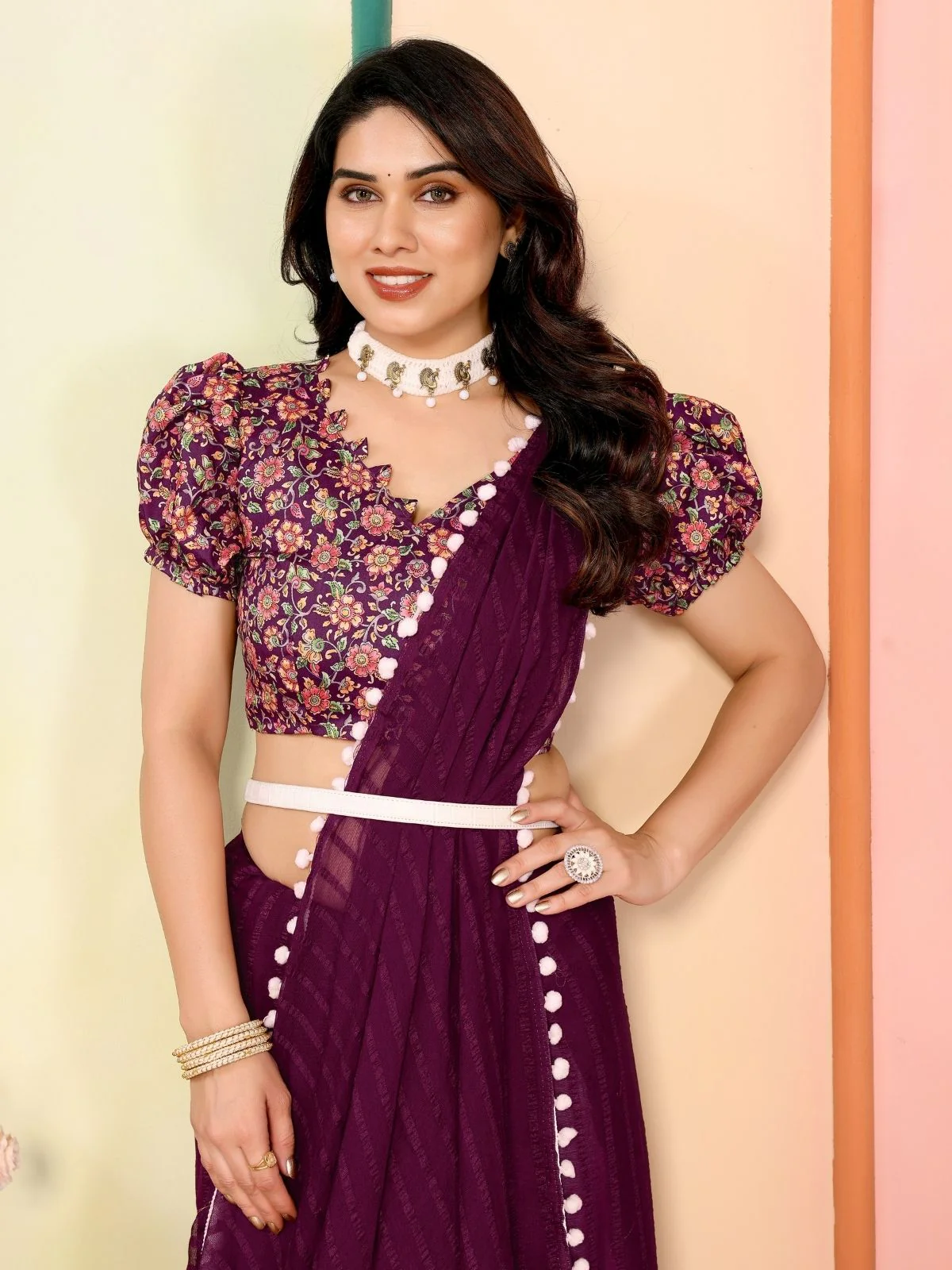 Odette Wine Georgette Plain Saree For Women - Image 4