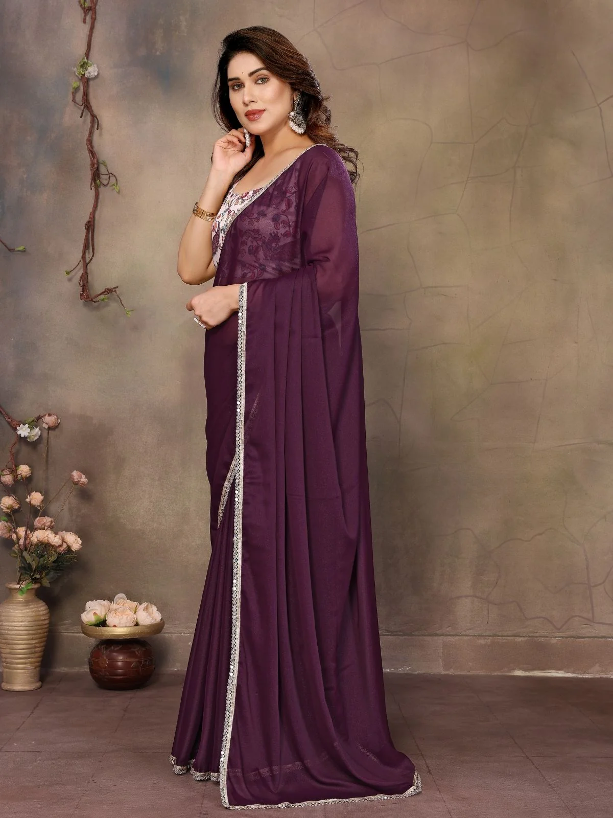 Odette Wine Georgette Plain Saree With Unstitched Blouse For Women - Image 3