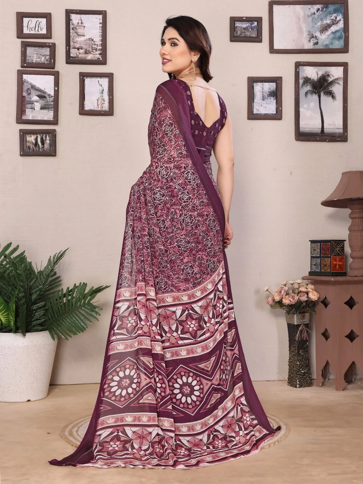 Odette Wine Georgette Printed Saree For Women - Image 3