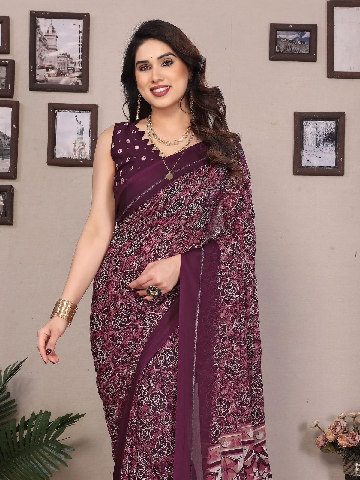 Odette Wine Georgette Printed Saree For Women - Image 4