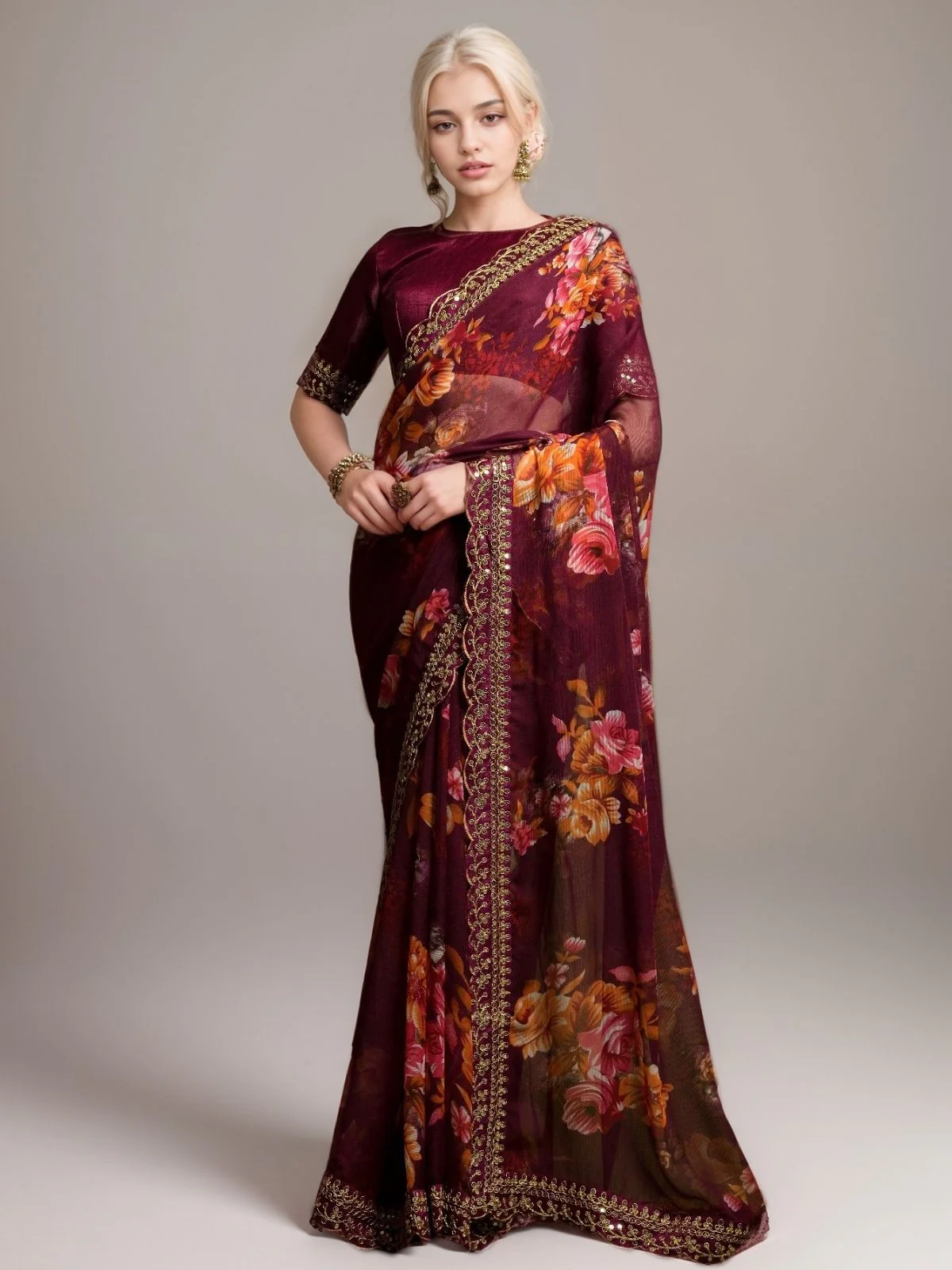 Odette Wine Georgette Printed Saree For Women