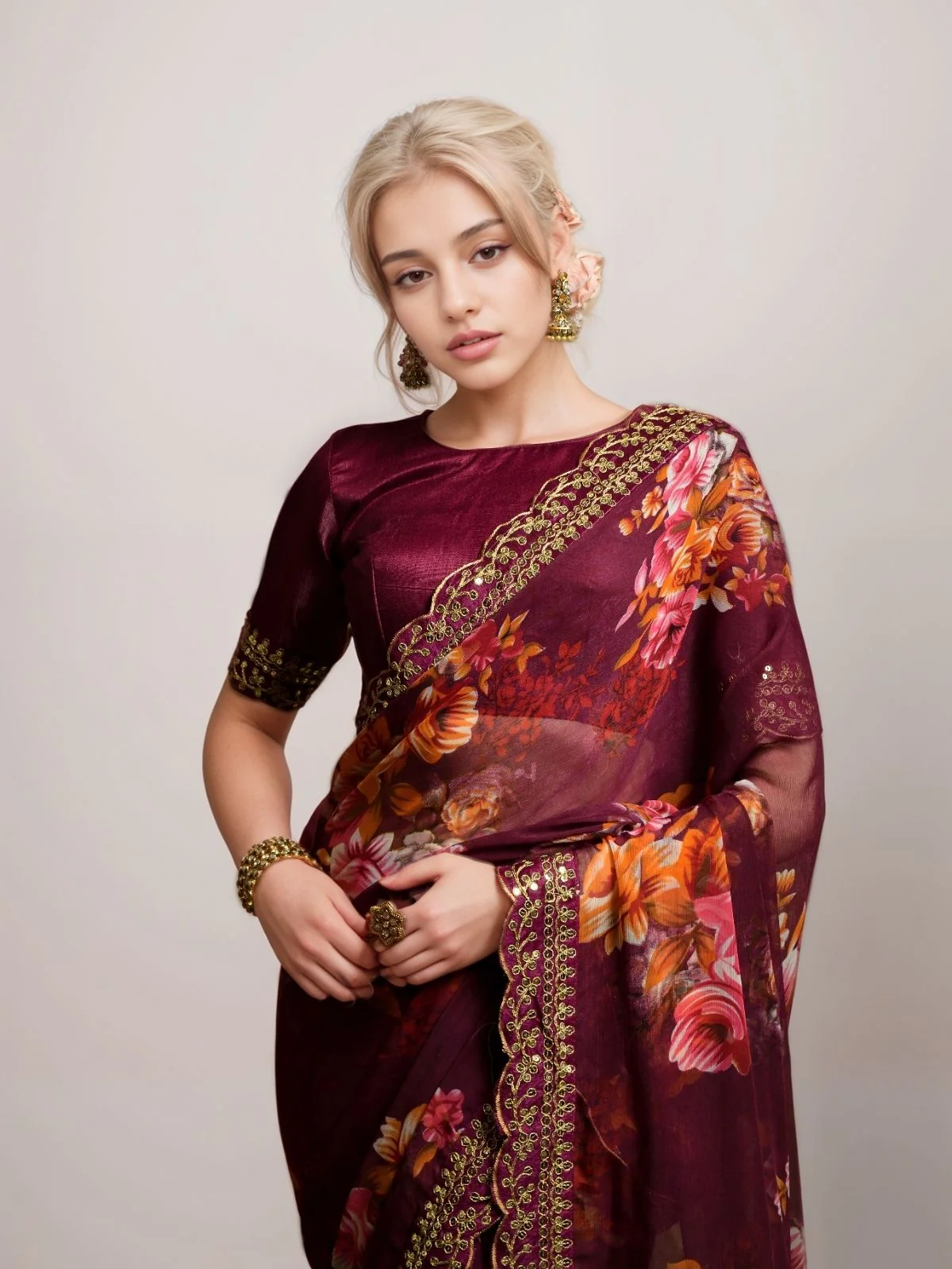 Odette Wine Georgette Printed Saree For Women - Image 2
