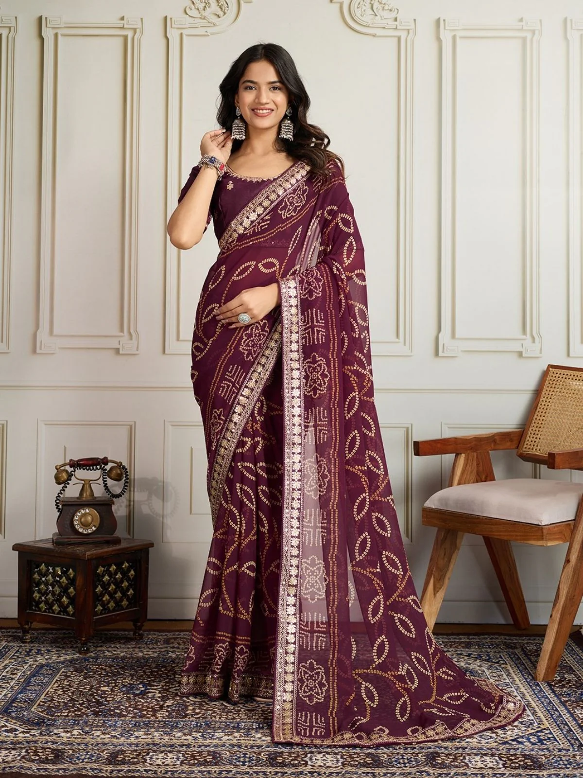 Odette Wine Georgette Printed Saree For Women