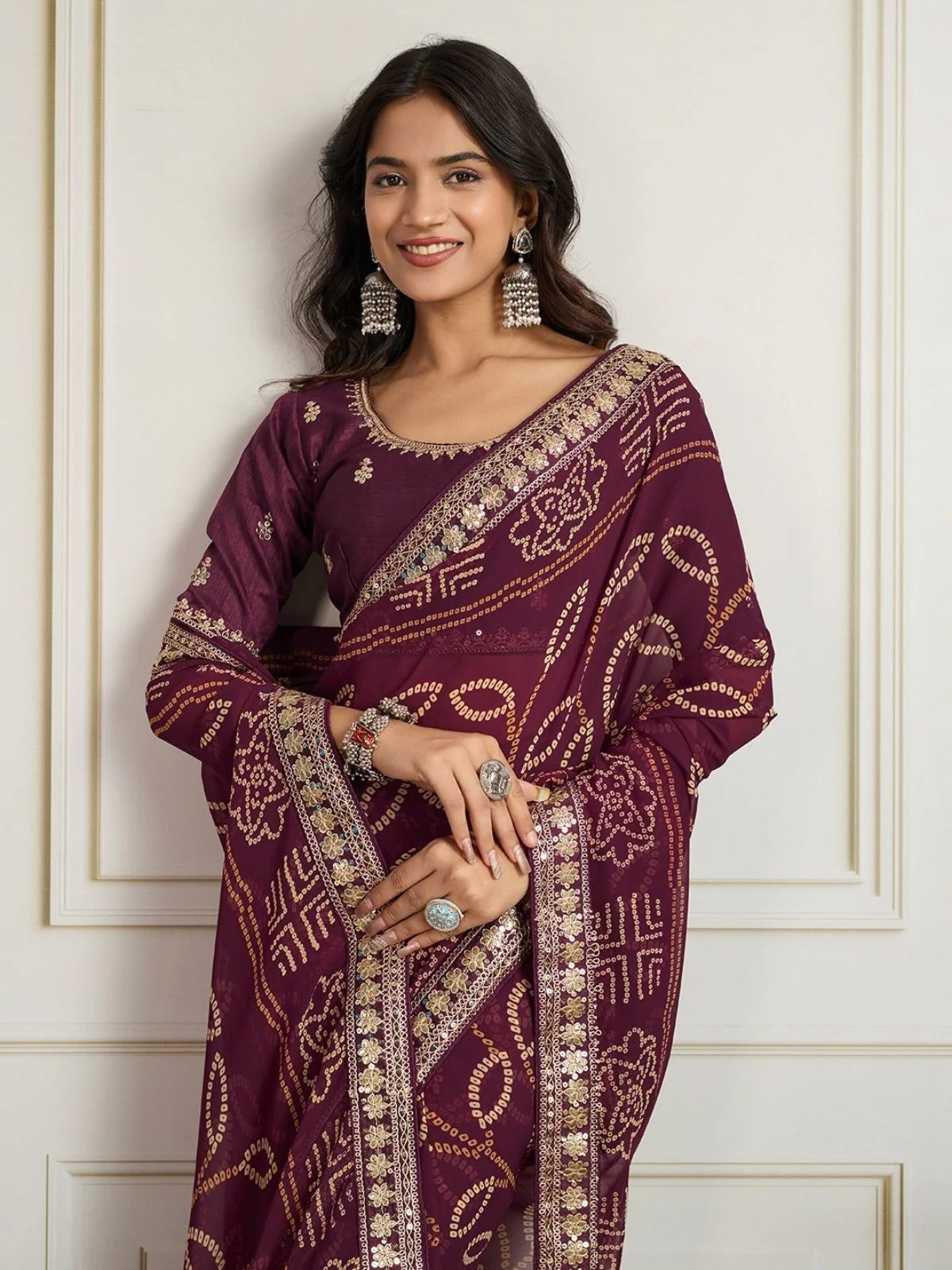 Odette Wine Georgette Printed Saree For Women - Image 2