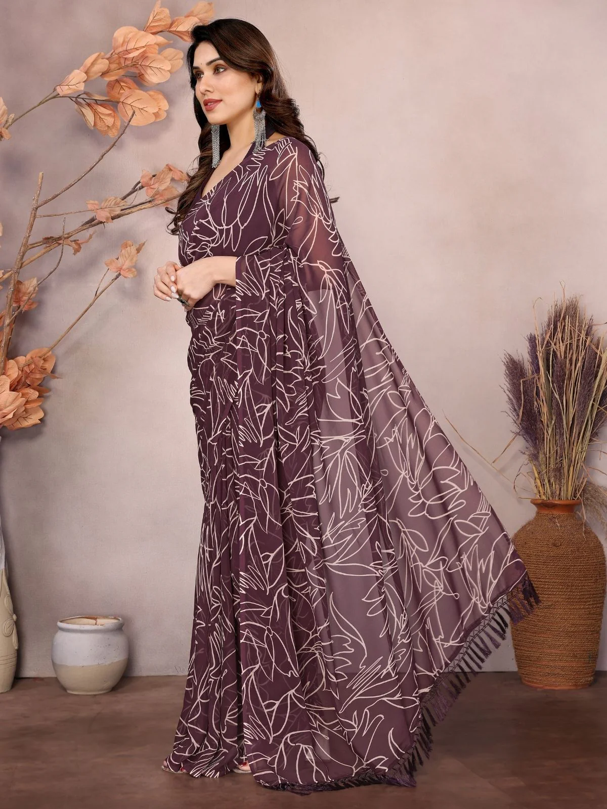 Odette Wine Georgette Printed Saree With Unstitched Blouse For Women - Image 2