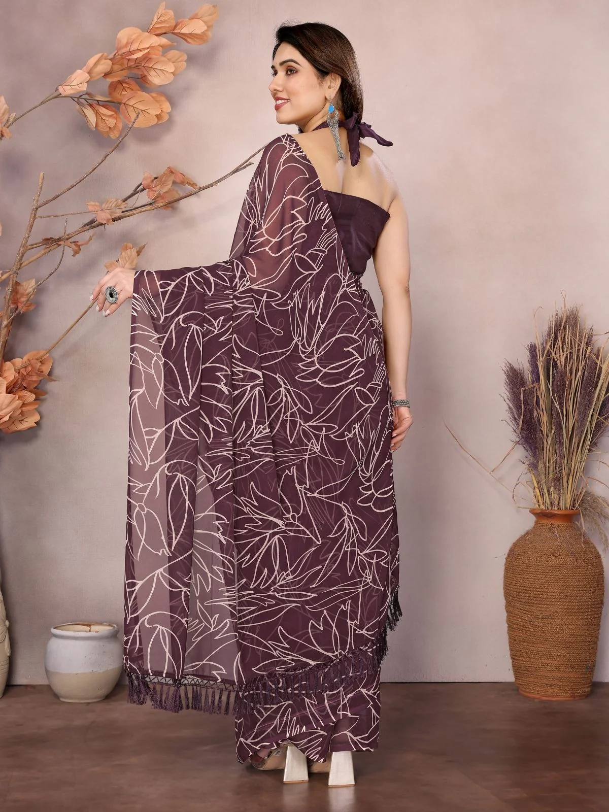 Odette Wine Georgette Printed Saree With Unstitched Blouse For Women - Image 3