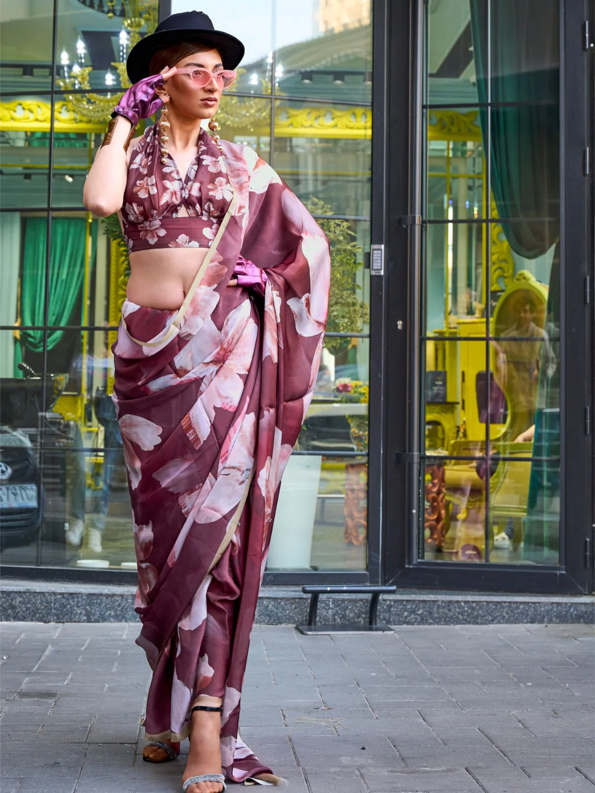 Odette Wine Georgette Printed Saree With Unstitched Blouse For Women - Image 2