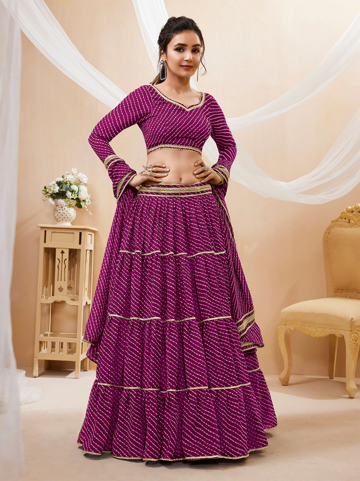 Odette Wine Georgette Printed Semi Stitched Lehenga With Unstitched Blouse For Women - Image 2