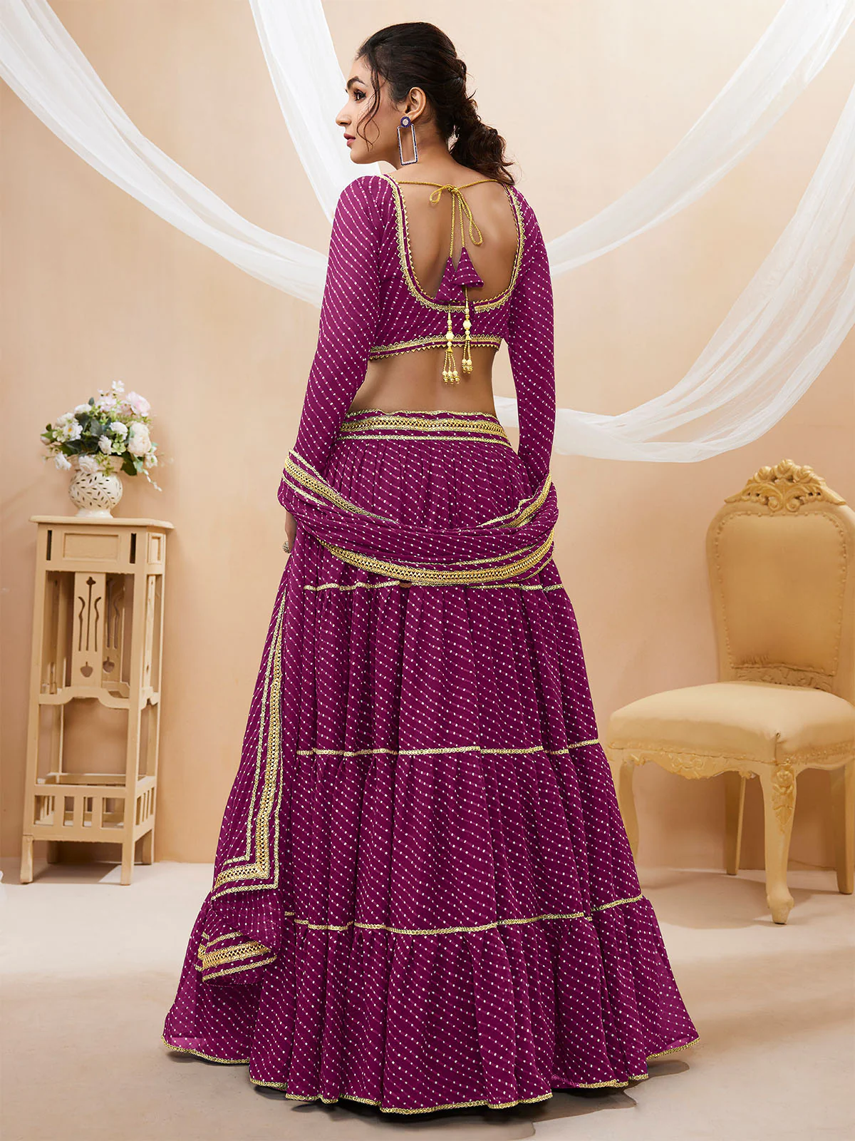 Odette Wine Georgette Printed Semi Stitched Lehenga With Unstitched Blouse For Women - Image 3