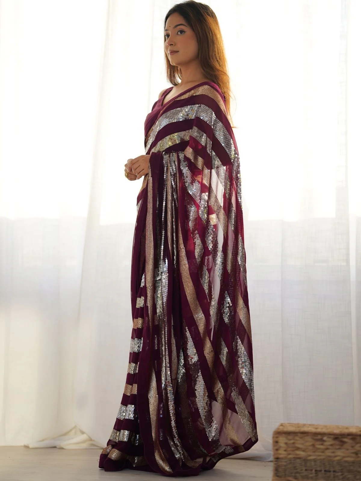 Odette Wine Georgette Sequins Saree With Unstitched Blouse For Women - Image 3