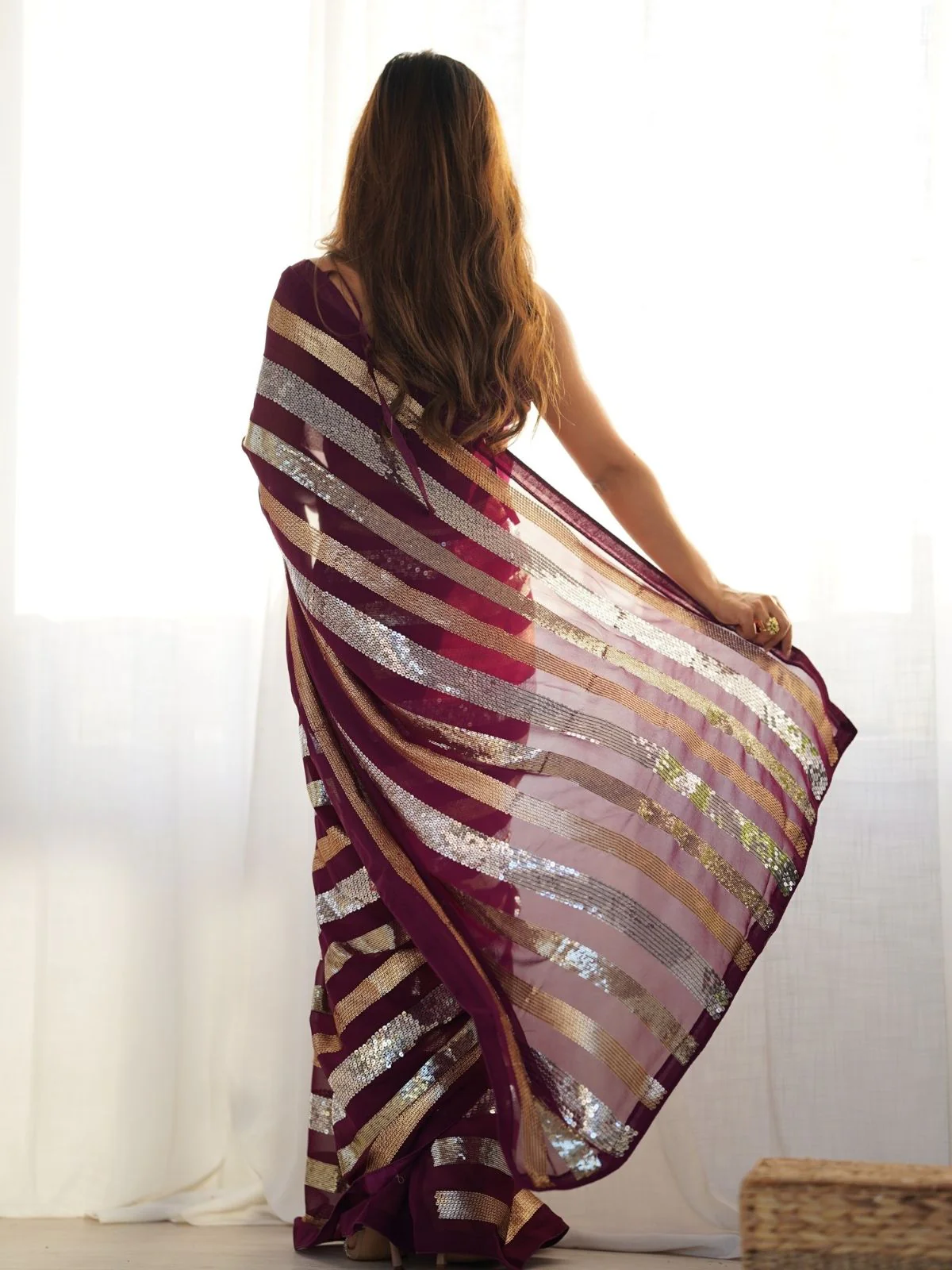 Odette Wine Georgette Sequins Saree With Unstitched Blouse For Women - Image 5