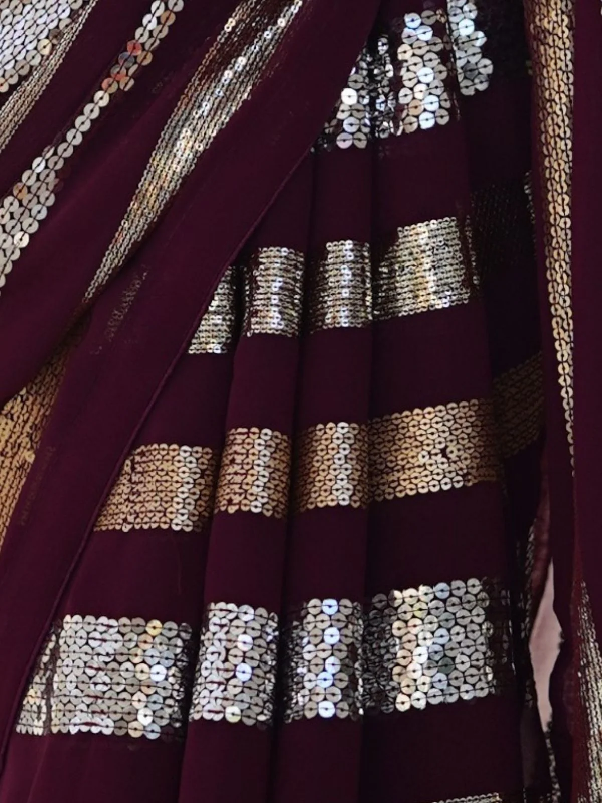 Odette Wine Georgette Sequins Saree With Unstitched Blouse For Women - Image 6