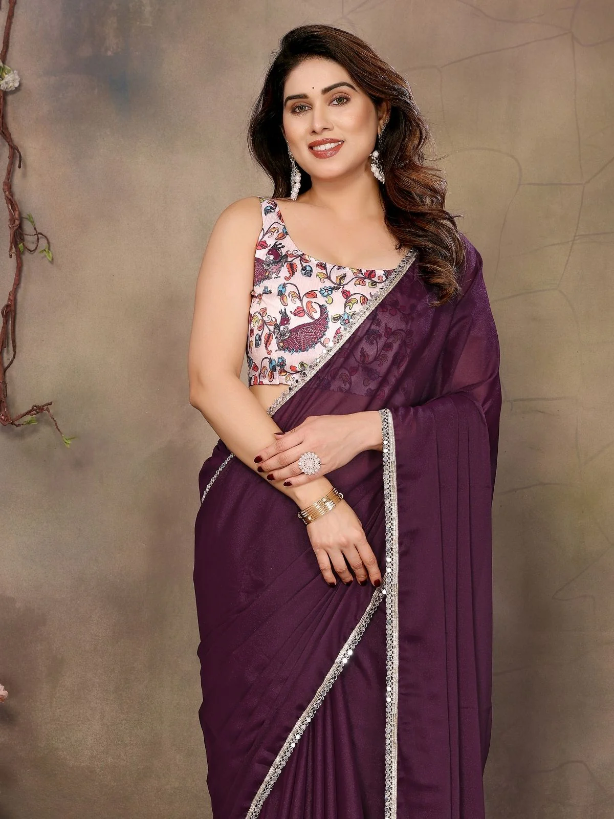Odette Wine Georgette Solid Saree For Women - Image 4