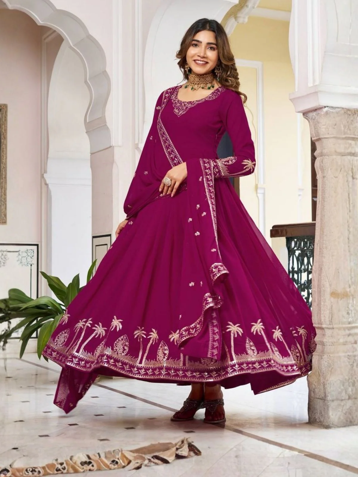 Odette Wine Georgette Solid Stitched Kurta Set For Women