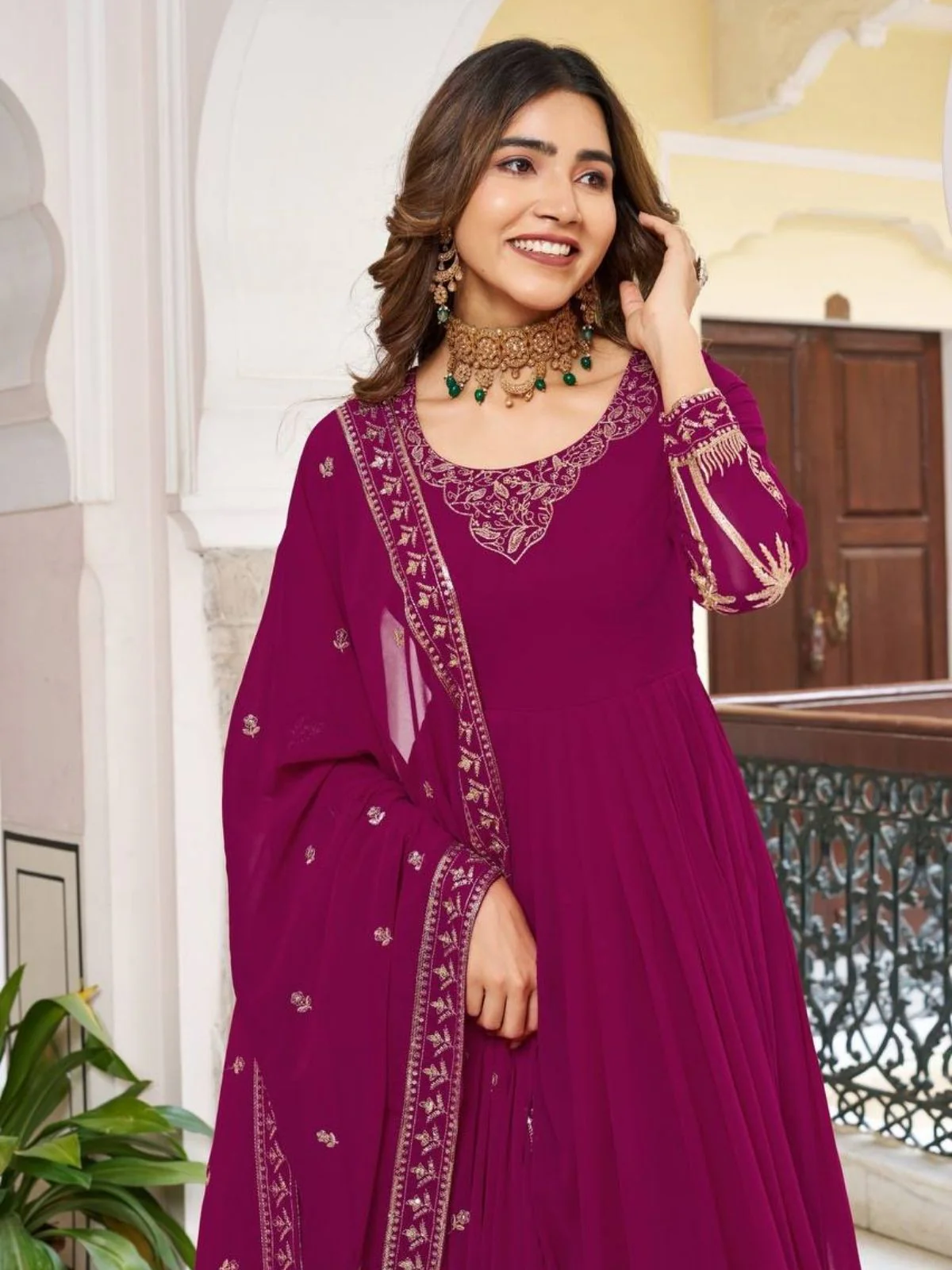 Odette Wine Georgette Solid Stitched Kurta Set For Women - Image 4