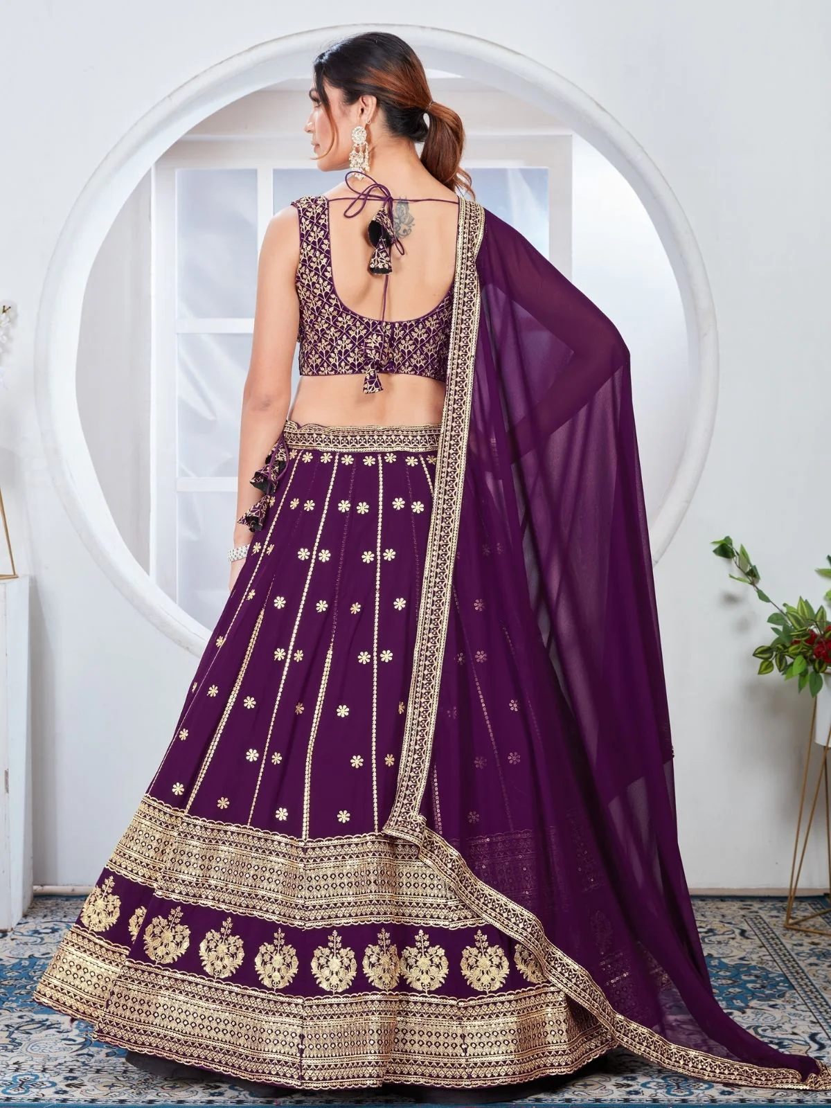 Odette Purple Georgette Thread & Sequins Embroidered Semi-Stitched Lehenga For Women - Image 2
